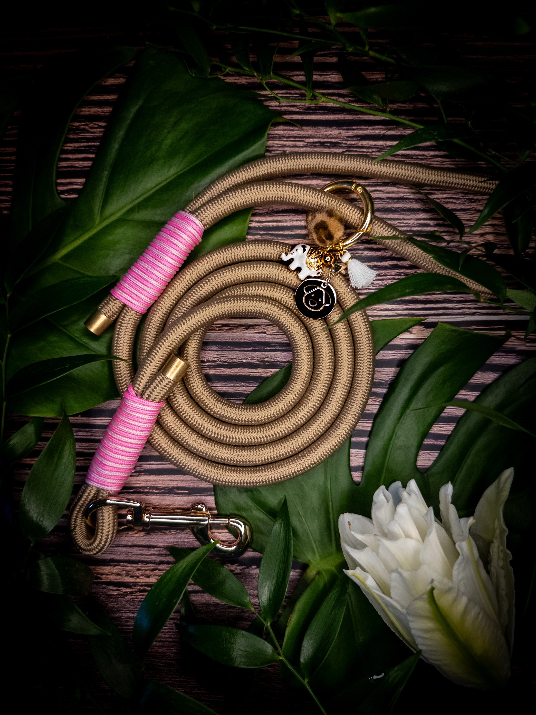 Premium rope dog leash in beige. Boho style. Luxury dog accessories.