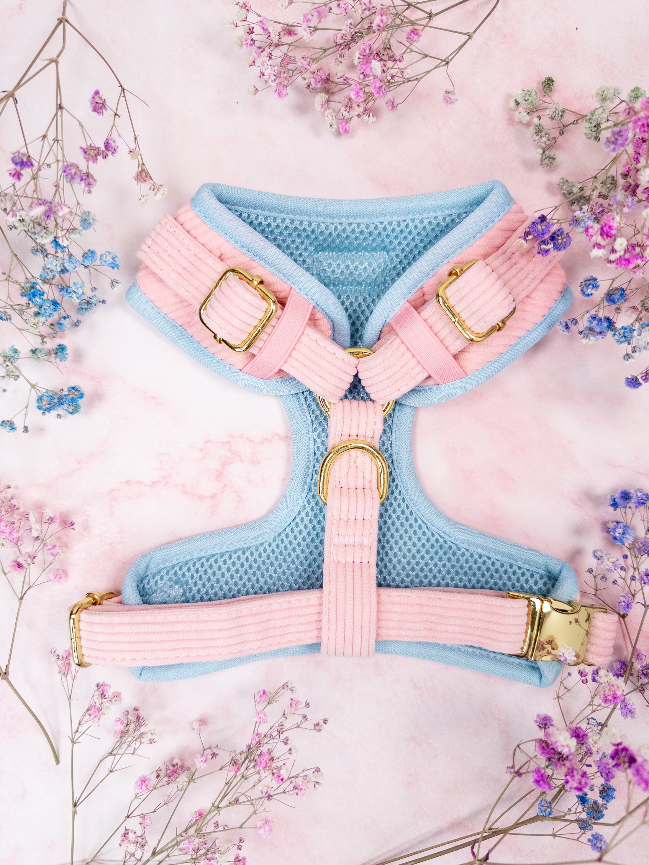 Premium dog harness in pink. Luxury dog accessories.